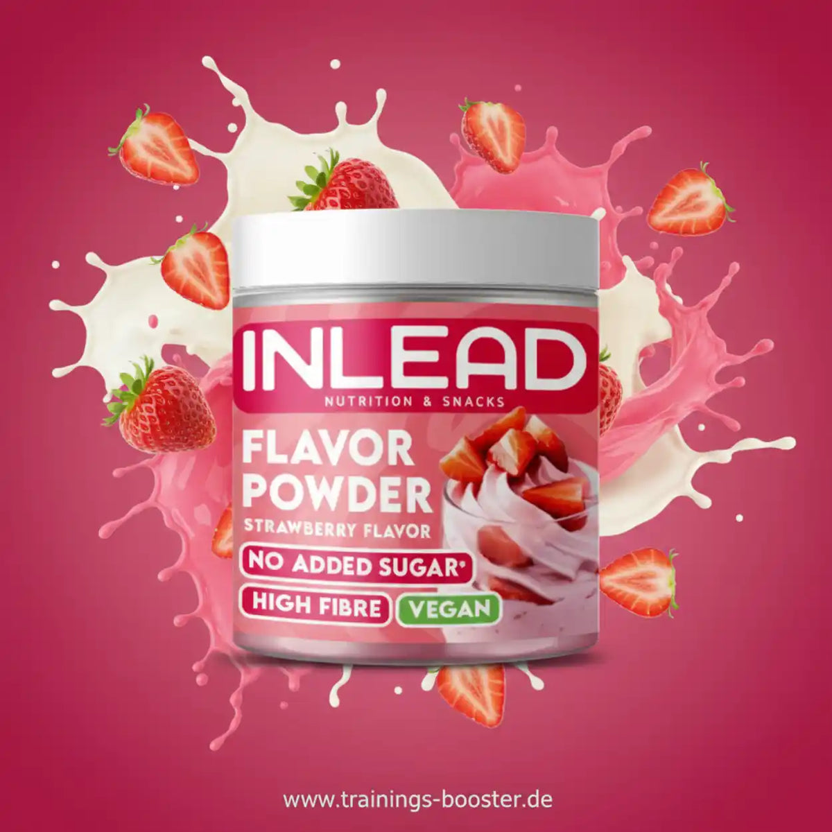 Inlead Nutrition Flavor Powder Erdbeer-Geschmack, vegan und zuckerfrei, vor pinkem Hintergrund.