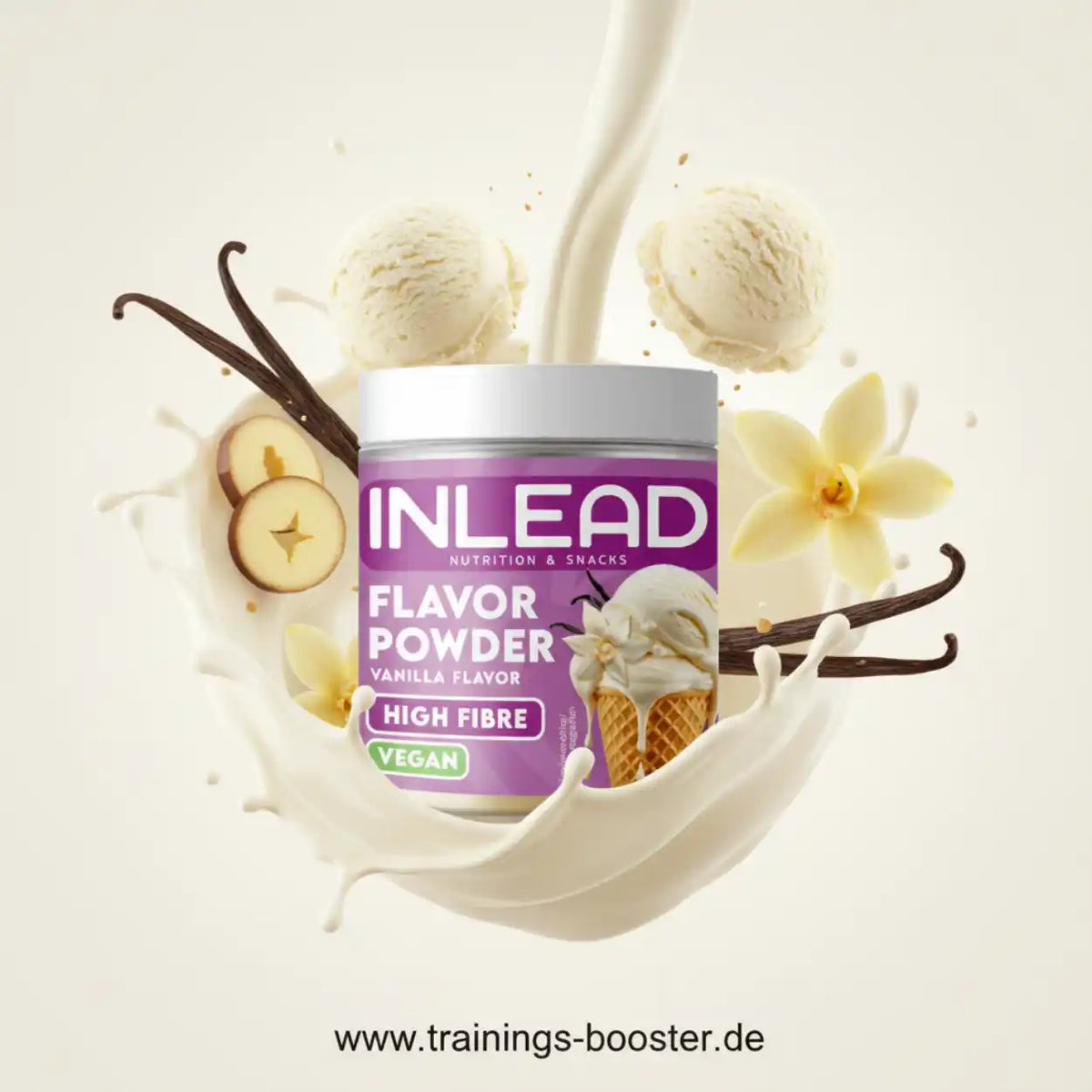 Inlead Nutrition Flavor Powder Vanille, veganes Aromapulver mit Vanillekugeln und Milchspritzer.