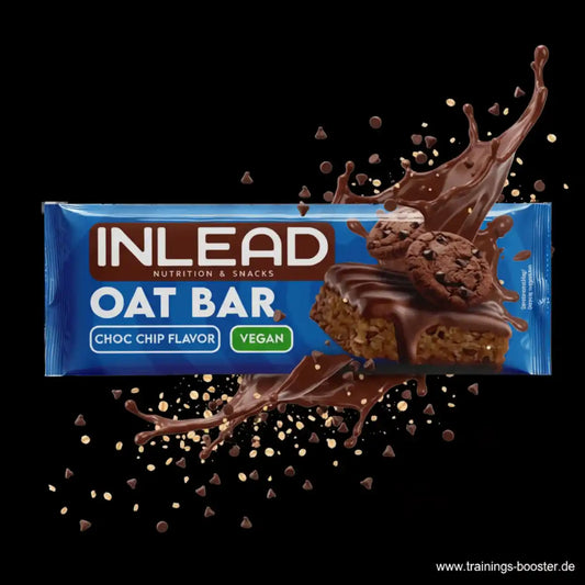 Inlead Nutrition Oat Bar in Schoko-Chip-Geschmack, vegan, mit fließender Schokolade und Keksen.