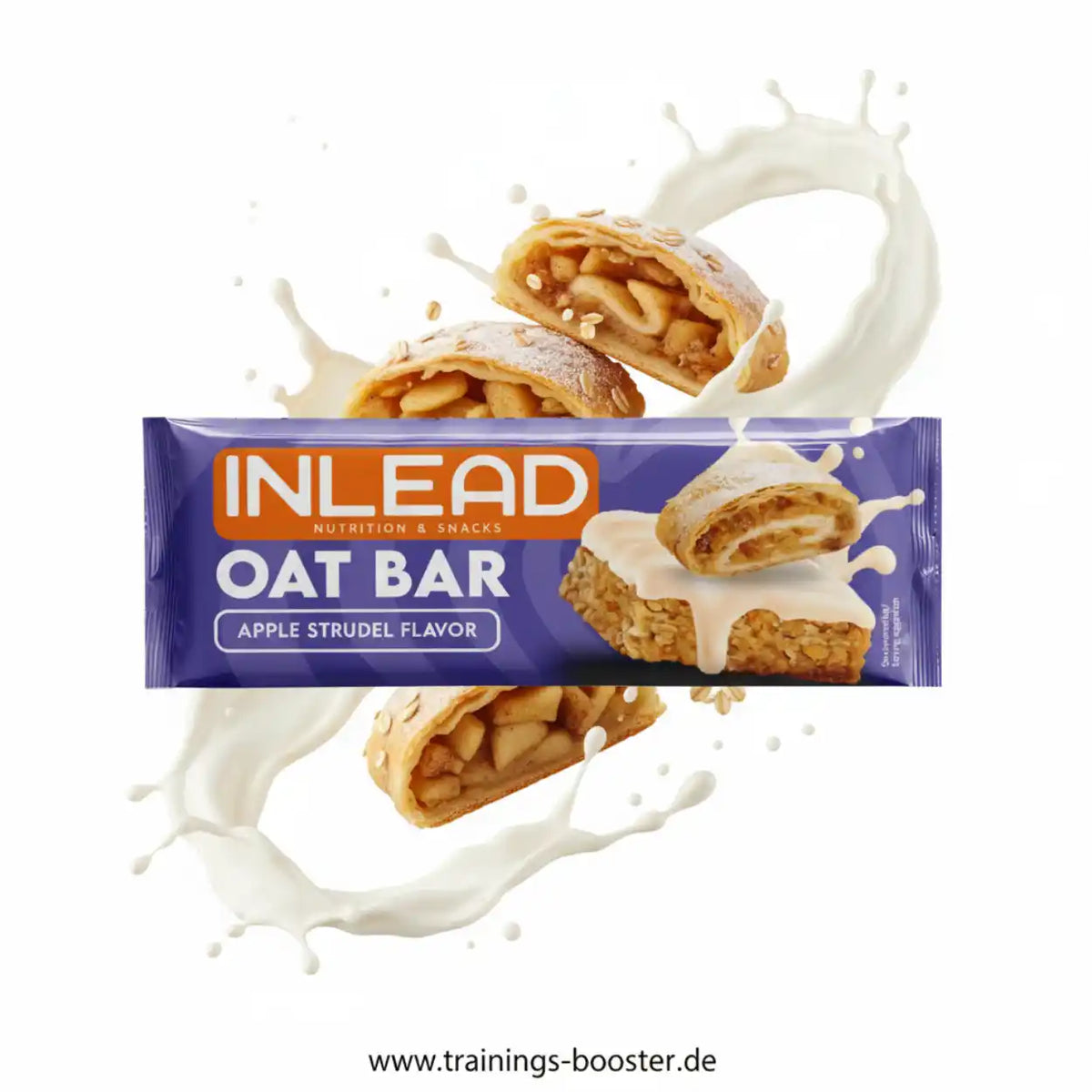 Inlead Nutrition Oat Bar mit Apfelstrudel-Geschmack vor einem Milchspritzer-Hintergrund