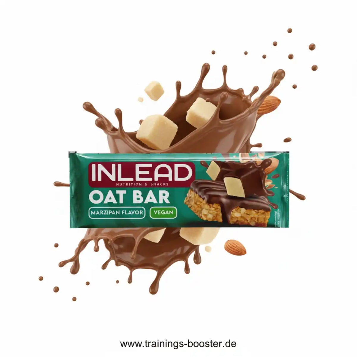 Inlead Nutrition Oat Bar mit Marzipan-Geschmack in einer dynamischen Schokoladenspritzern-Optik.