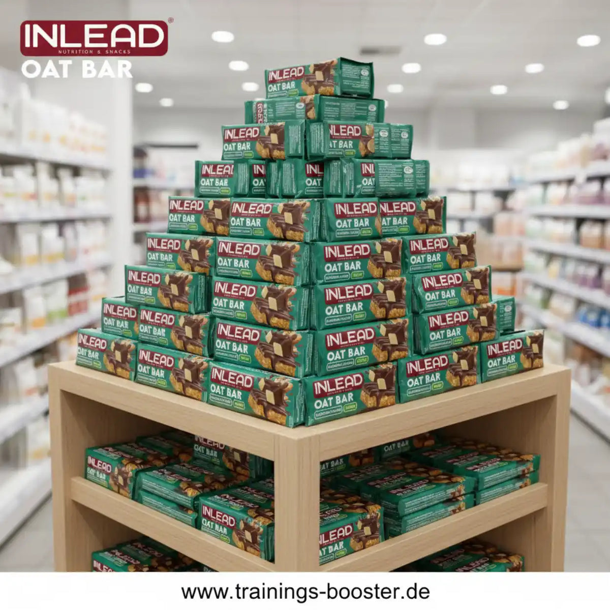Pyramidenförmige Präsentation von Inlead Nutrition Oat Bars in einem Supermarktregal.