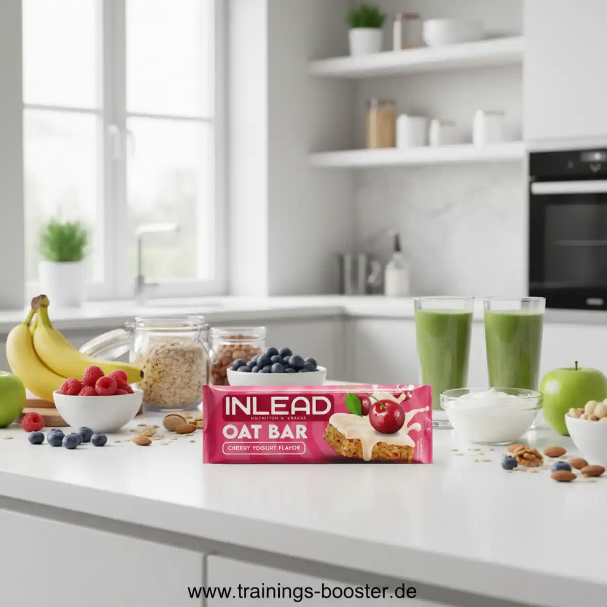 Inlead Nutrition Oat Bar mit Kirsch-Joghurt-Geschmack in einer hellen Küche mit Obst und Haferflocken