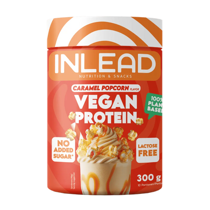Inlead Vegan Protein Pulver mit Karamell-Popcorn Geschmack, laktosefrei und ohne Zuckerzusatz.