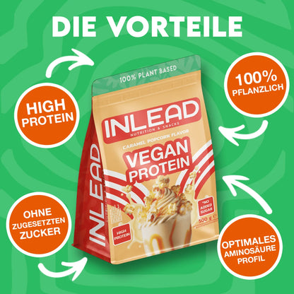 Inlead Nutrition Vegan Protein Caramel Popcorn Flavor 500g Beutel mit Vorteilen auf grünem Grund.