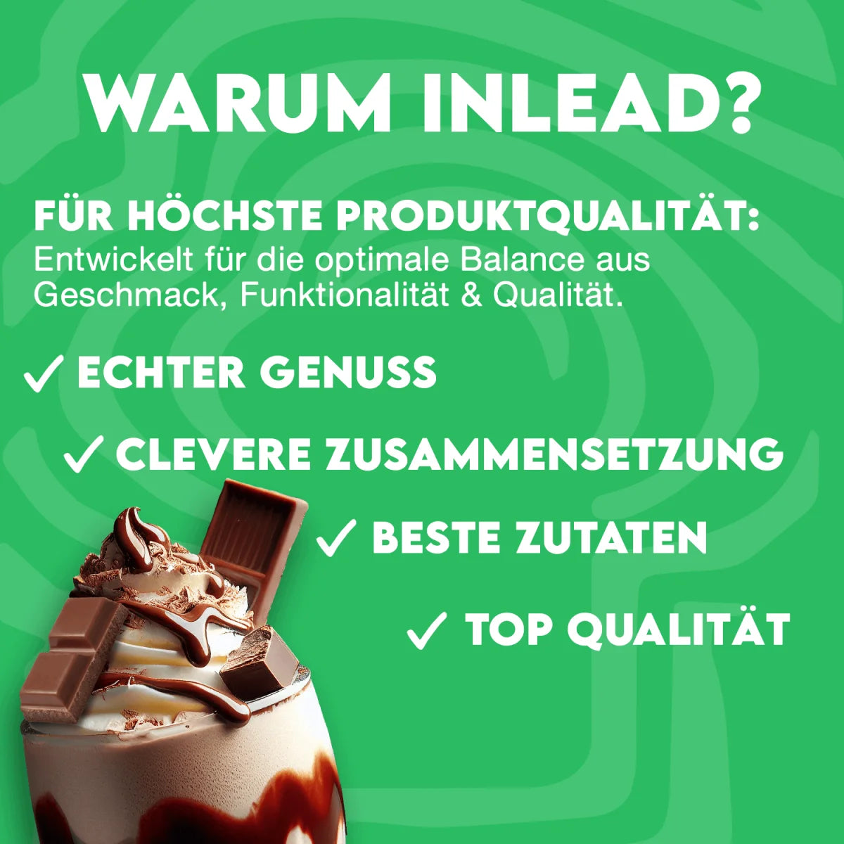 Inlead Nutrition Vegan Protein Marketinggrafik mit Schokoladen-Dessert und Qualitätsversprechen.