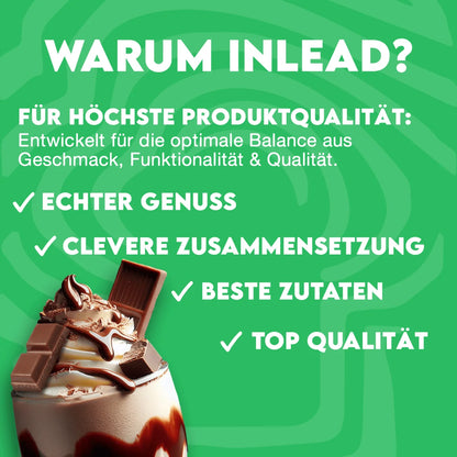 Inlead Nutrition Vegan Protein Marketinggrafik mit Schokoladen-Dessert und Qualitätsversprechen.