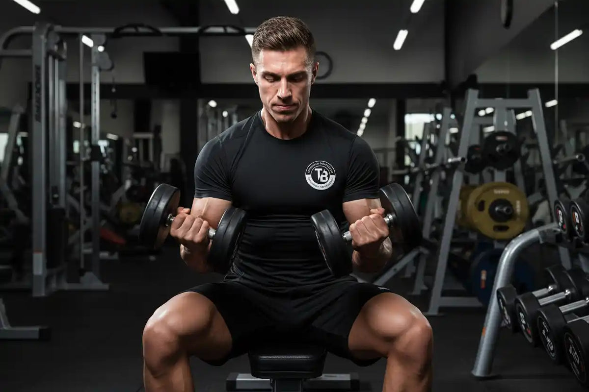 Muskulöser Mann trainiert mit Kurzhanteln im Fitnessstudio für Kevin Levrone GOLD WHEY.
