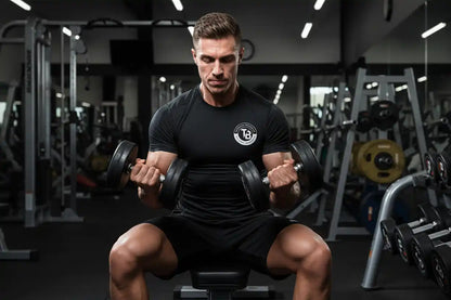Muskulöser Mann trainiert mit Kurzhanteln im Fitnessstudio für Kevin Levrone GOLD WHEY.
