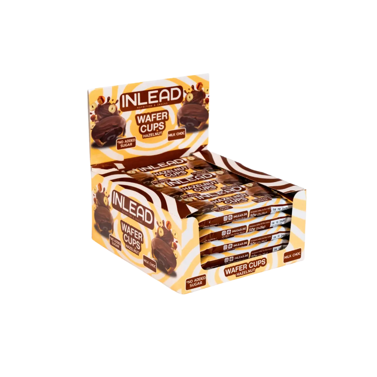 Inlead Wafer Cups Haselnuss in einer Displaybox, zuckerfrei.