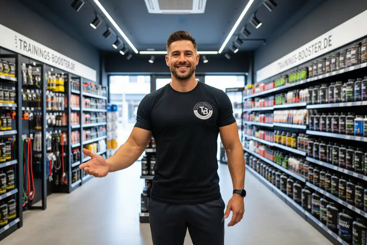 Muskulöser Mann in einem Sportnahrungsmittelladen präsentiert Regale mit Supplements.