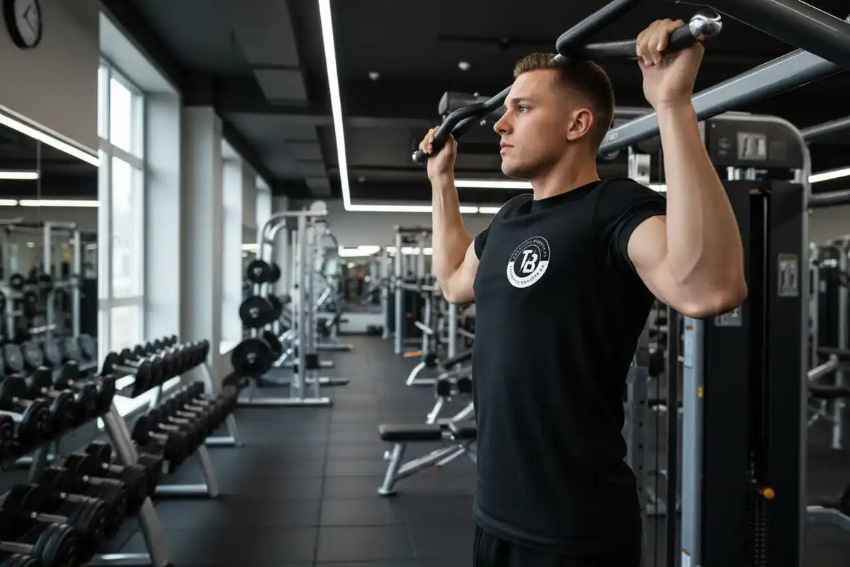 Muskulöser Mann beim Training an einer Klimmzugstange im Fitnessstudio für Kevin Levrone Produkte.