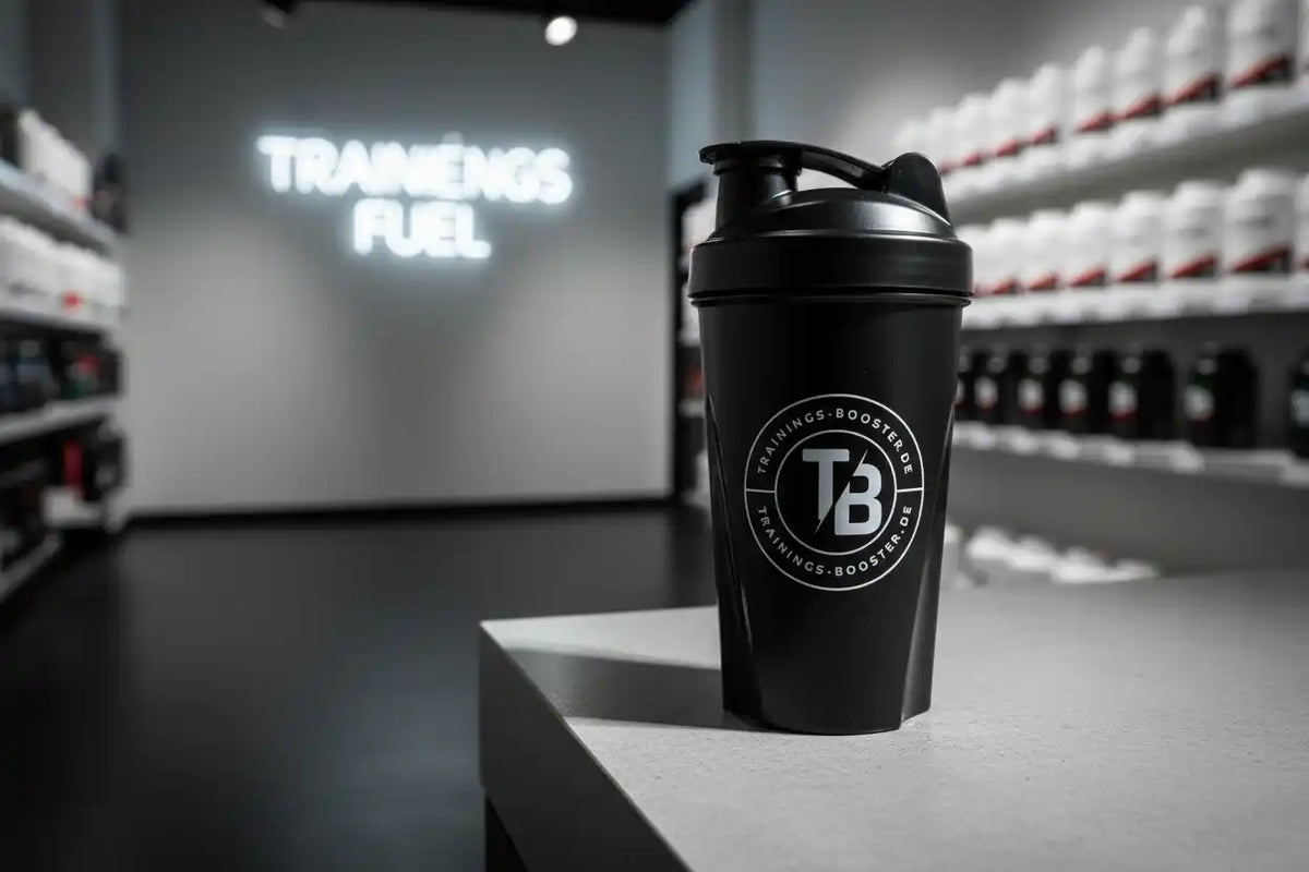 Schwarzer Shaker mit TB-Logo vor einem Fitnessstudio-Hintergrund