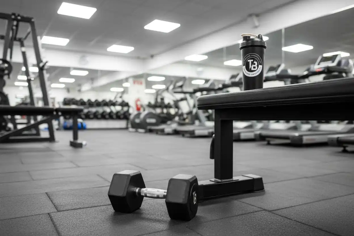 Schwarzer Protein-Shaker auf einer Hantelbank im Fitnessstudio mit Kurzhanteln im Vordergrund.