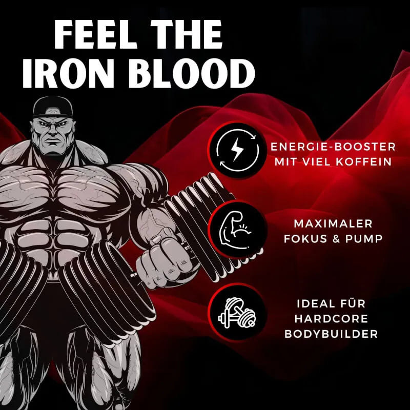 Iron Supplements Iron Blood Pre-Workout Booster Illustration mit Bodybuilder und Vorteilen