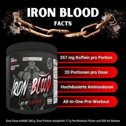 Iron Supplements Iron Blood Pre-Workout Booster Dose mit Inhaltsstoffen und Fakten auf Schwarz.