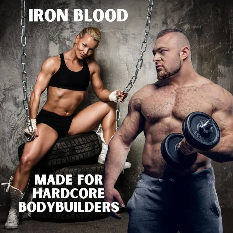 Muskulöse Frau und Mann im Fitnessstudio für Iron Supplements Iron Blood Pre-Workout Booster.