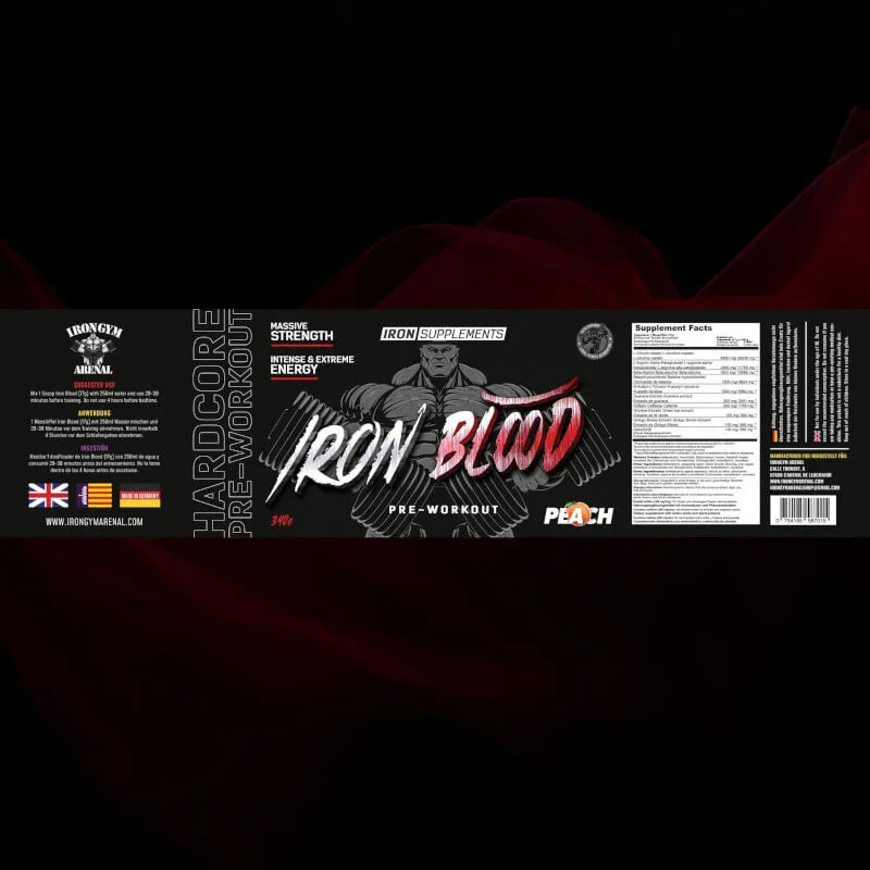 Iron Supplements Iron Blood Pre-Workout Booster in Pfirsich-Geschmack, 340g Packung.