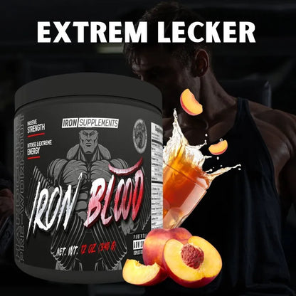 Iron Supplements Iron Blood Pre-Workout Booster in Pfirsich-Geschmack mit frischen Pfirsichen.