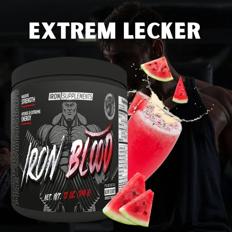 Iron Supplements Iron Blood Pre-Workout Booster in Wassermelone Geschmack mit frischen Wassermelonenstücken