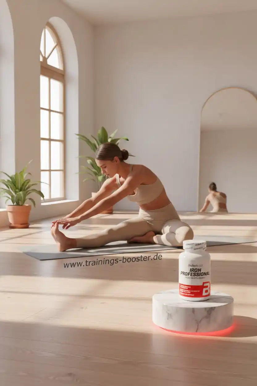 Frau beim Yoga mit Iron Professional Nahrungsergänzungsmittel für Fitness und Training