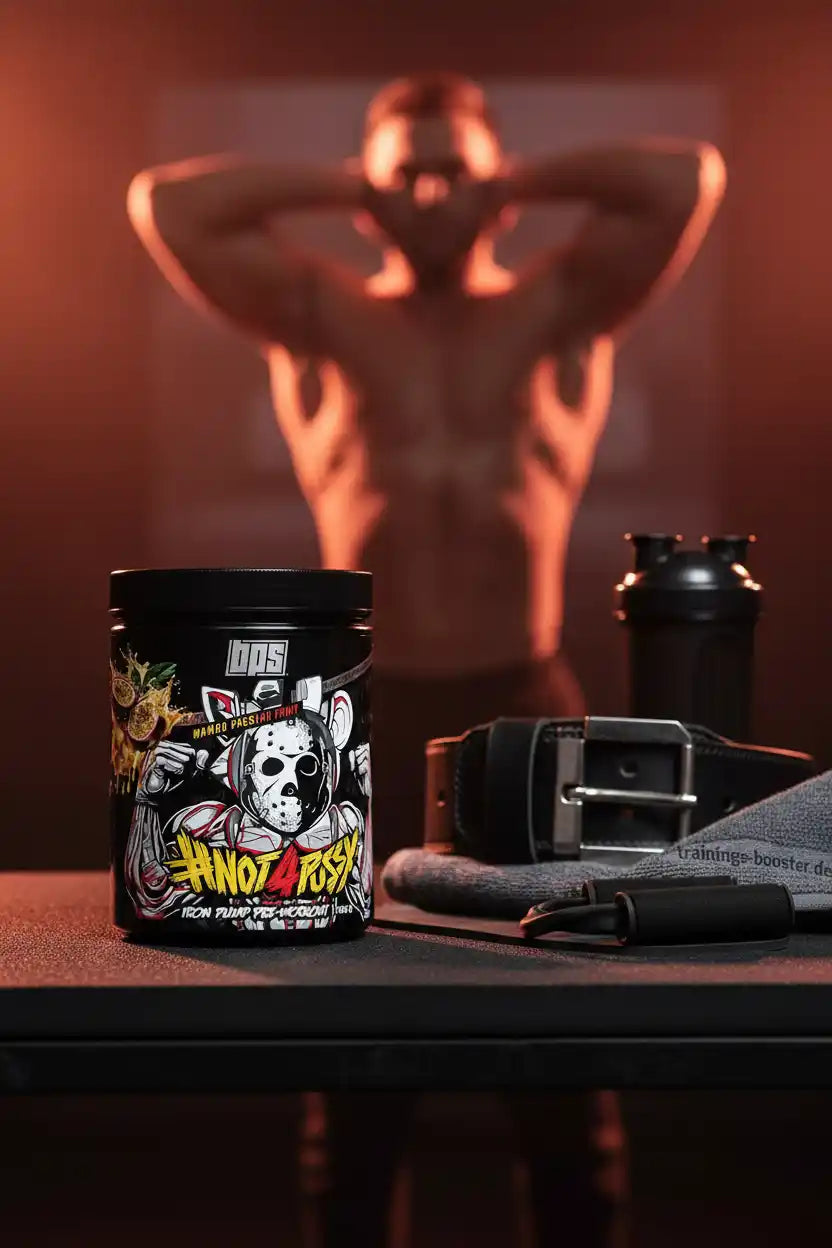 BPS Pharma IRON PUMP Booster Dose neben einem Gewichthebergürtel vor einem Bodybuilder