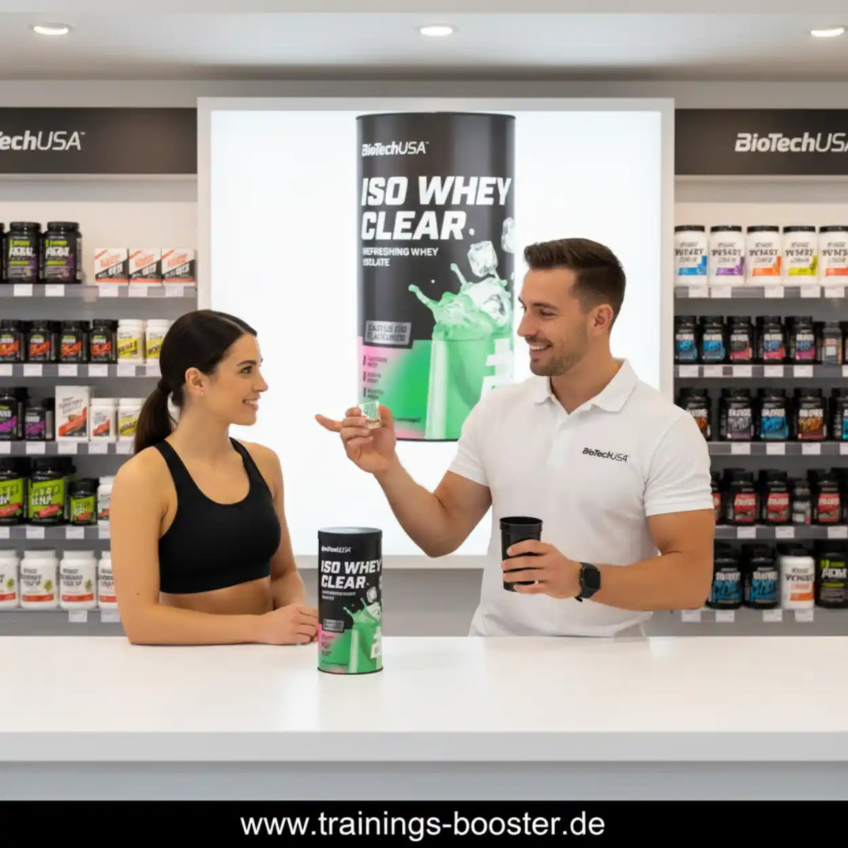 Beratung zu Iso Whey Clear Proteinpulver im Sportnahrung-Shop, Regale mit Supplements