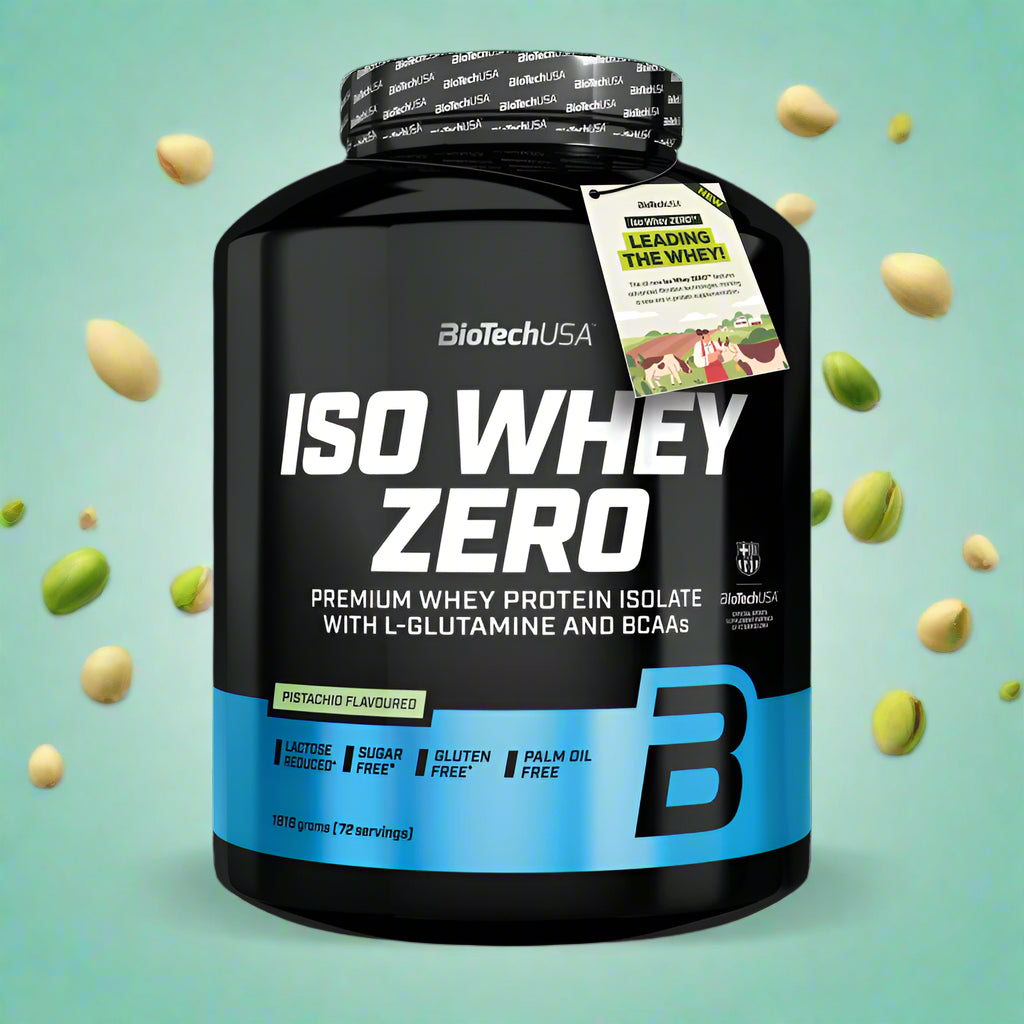 BioTechUSA ISO Whey Zero Pistazie, Premium Whey Protein Isolat mit L-Glutamin & BCAAs, laktosefrei, zuckerfrei, glutenfrei