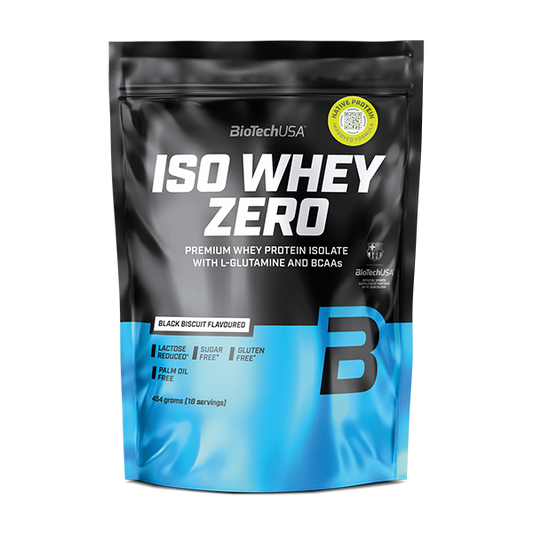 ISO WHEY ZERO Proteinpulver mit L-Glutamin und BCAAs, schwarz-biskuitgeschmack, laktose- und zuckerfrei