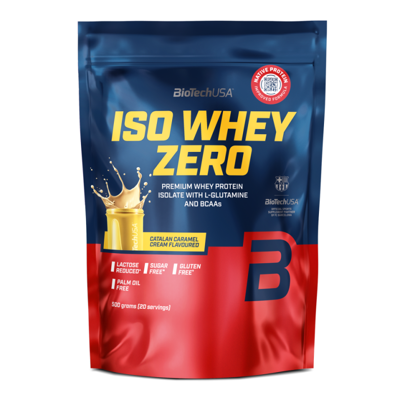BioTechUSA ISO Whey Zero, Premium Whey Protein Isolat mit L-Glutamin und BCAAs, karamellcremig, laktosefrei, zuckerfrei, glutenfrei