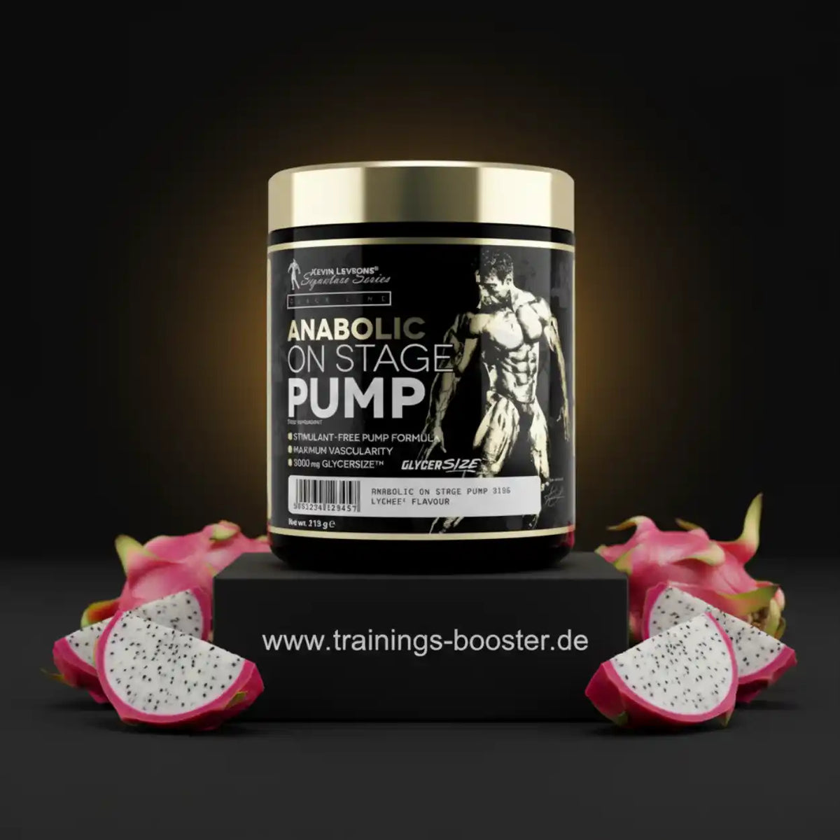 Kevin Levrone Anabolic On Stage Pump Booster Dose mit Drachenfrüchten auf schwarzem Hintergrund