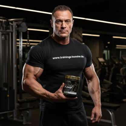 Muskulöser Mann im Fitnessstudio hält Kevin Levrone Anabolic On Stage Pump Booster.