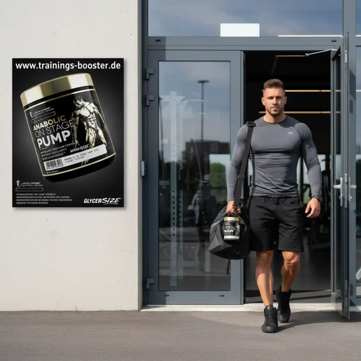 Mann mit Sporttasche und Kevin Levrone Anabolic On Stage Pump Booster vor einem Fitnessstudio.