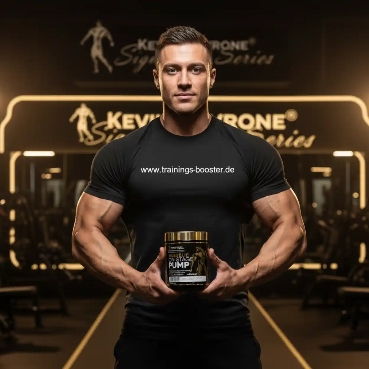 Muskulöser Mann hält eine Dose Kevin Levrone Anabolic On Stage Pump Booster im Fitnessstudio.