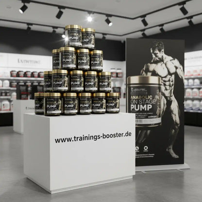 Pyramidenförmige Präsentation von Kevin Levrone Anabolic On Stage Pump Boostern auf einem weißen Podest.