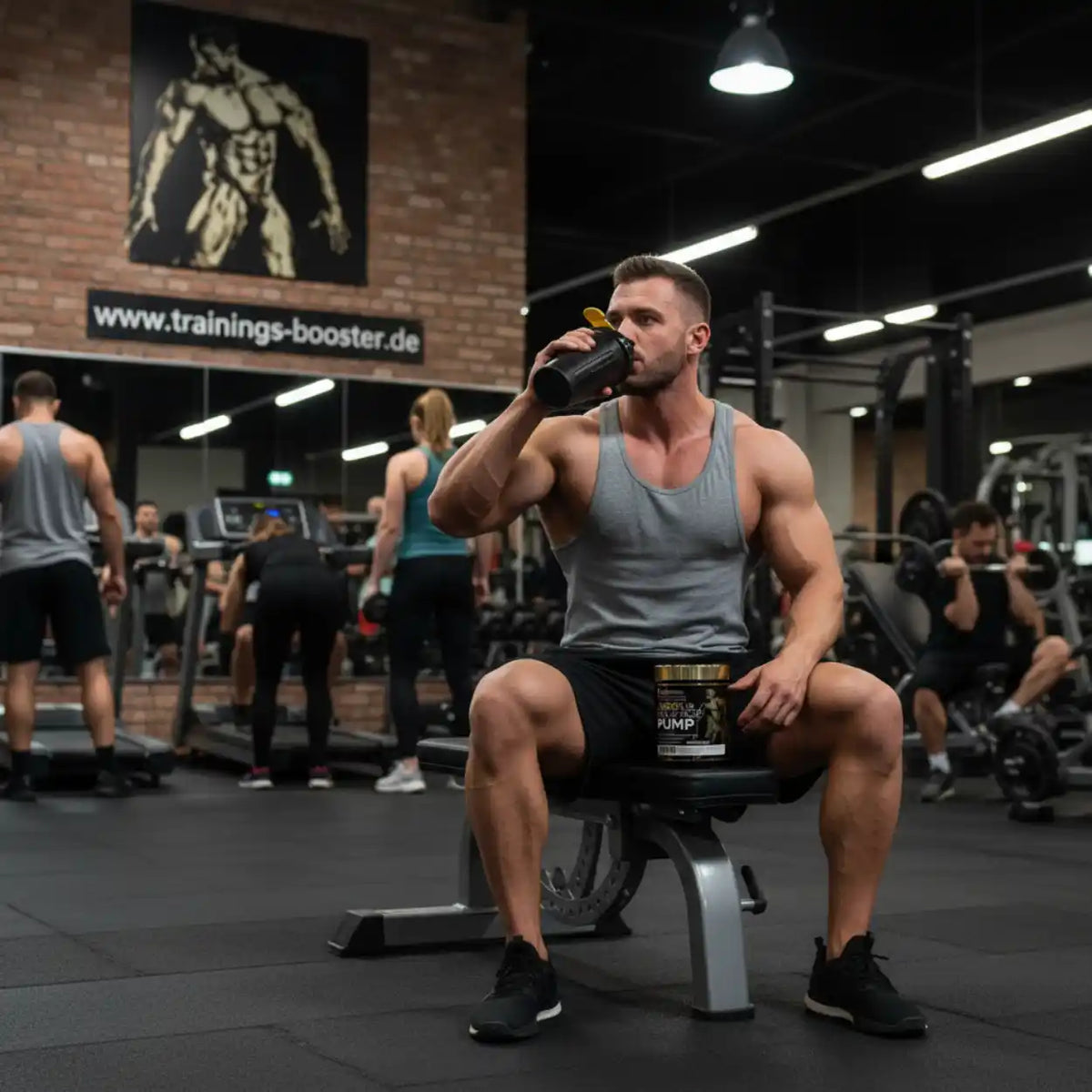 Muskulöser Mann im Fitnessstudio trinkt aus einem Shaker neben Kevin Levrone Pump Booster.