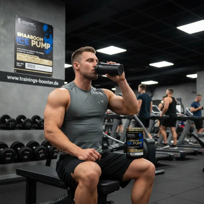 Muskulöser Mann trinkt aus einem Shaker neben einem Kevin Levrone Shaaboom ICE Pump Booster im Gym.