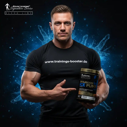Muskulöser Mann präsentiert Kevin Levrone Shaaboom ICE Pump Nahrungsergänzungsmittel.