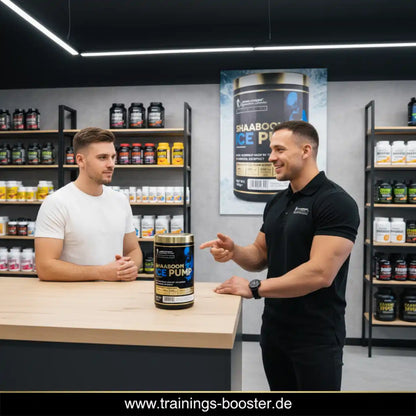 Zwei Männer präsentieren den Kevin Levrone Shaaboom ICE Pump Booster in einem Supplement-Shop.