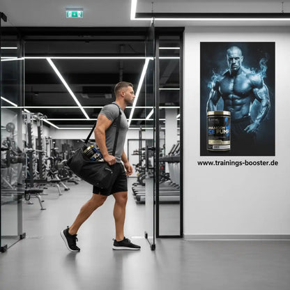Mann mit Sporttasche im Fitnessstudio neben Poster von Kevin Levrone Shaaboom ICE Pump