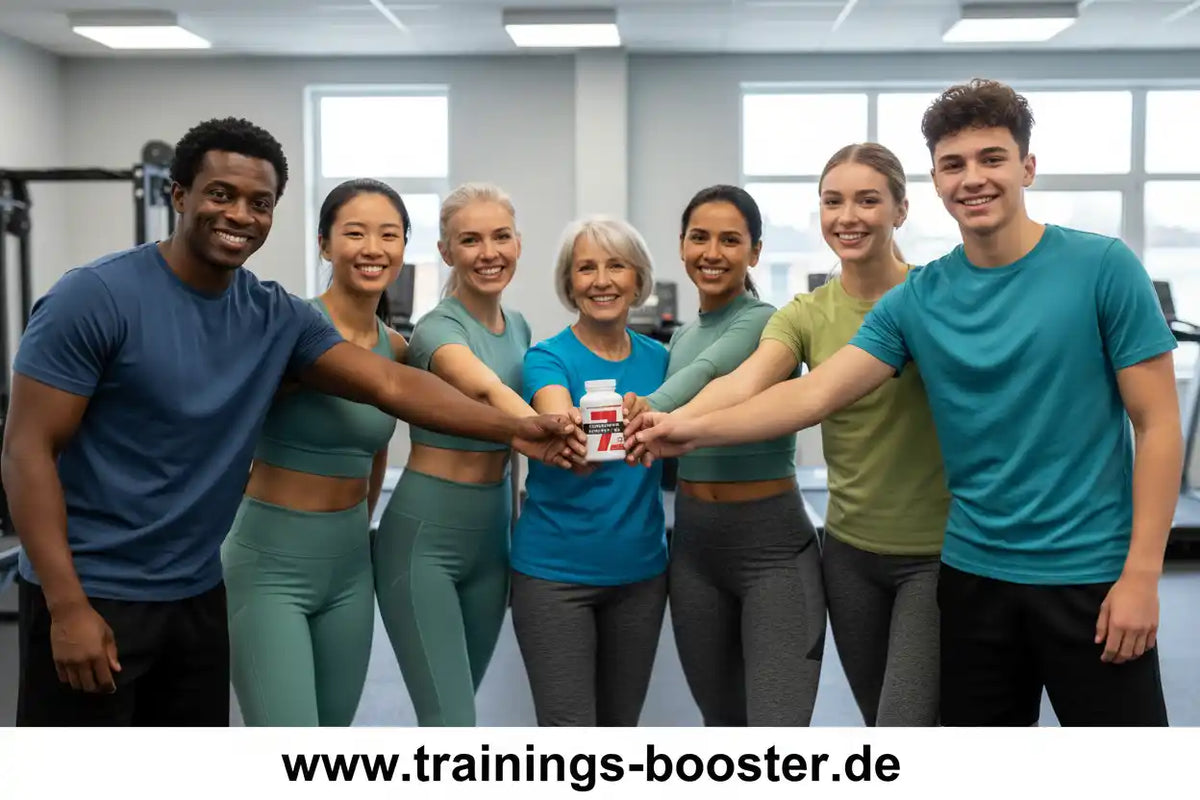 Diverse Gruppe von Sportlern in einem Fitnessstudio hält gemeinsam eine Supplement-Dose hoch.
