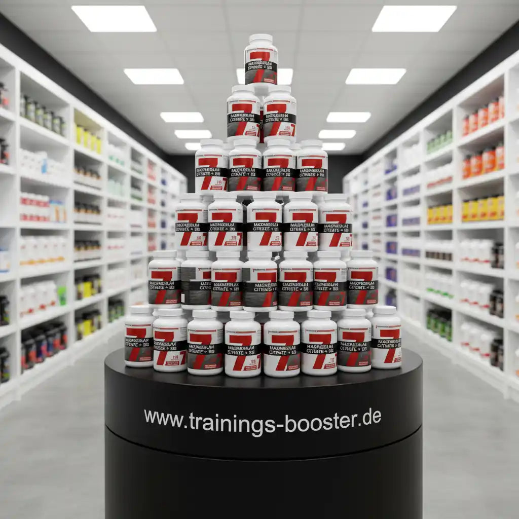 Pyramide aus Magnesium-Citrat-Dosen in einem Sportnahrungsmittel-Laden.