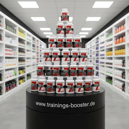 Pyramide aus Magnesium-Citrat-Dosen in einem Sportnahrungsmittel-Laden.