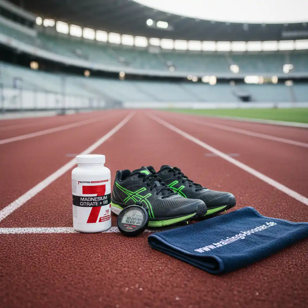 Magnesium Citrat Kapseln und Sportschuhe auf einer Laufbahn im Stadion