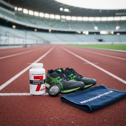 Magnesium Citrat Kapseln und Sportschuhe auf einer Laufbahn im Stadion