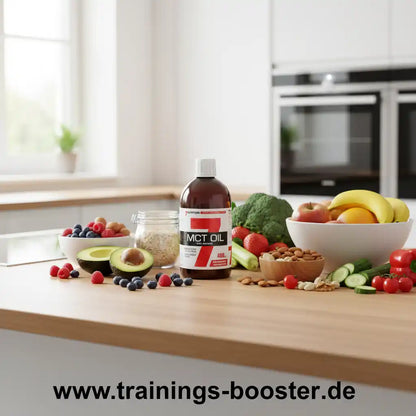 Flasche MCT Öl auf einem Küchentisch mit frischem Obst, Gemüse und Haferflocken.