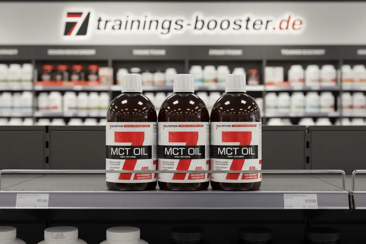Drei Flaschen MCT Oil von 7 Nutrition in einem Sportlernahrung-Regal.