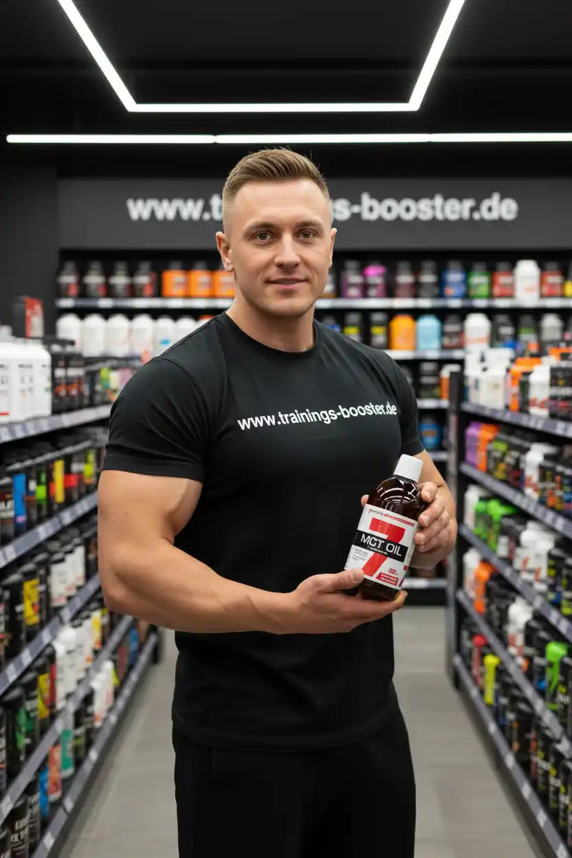 Ein muskulöser Mann hält eine Flasche MCT-Öl in einem Sportnahrungsmittel-Fachgeschäft.