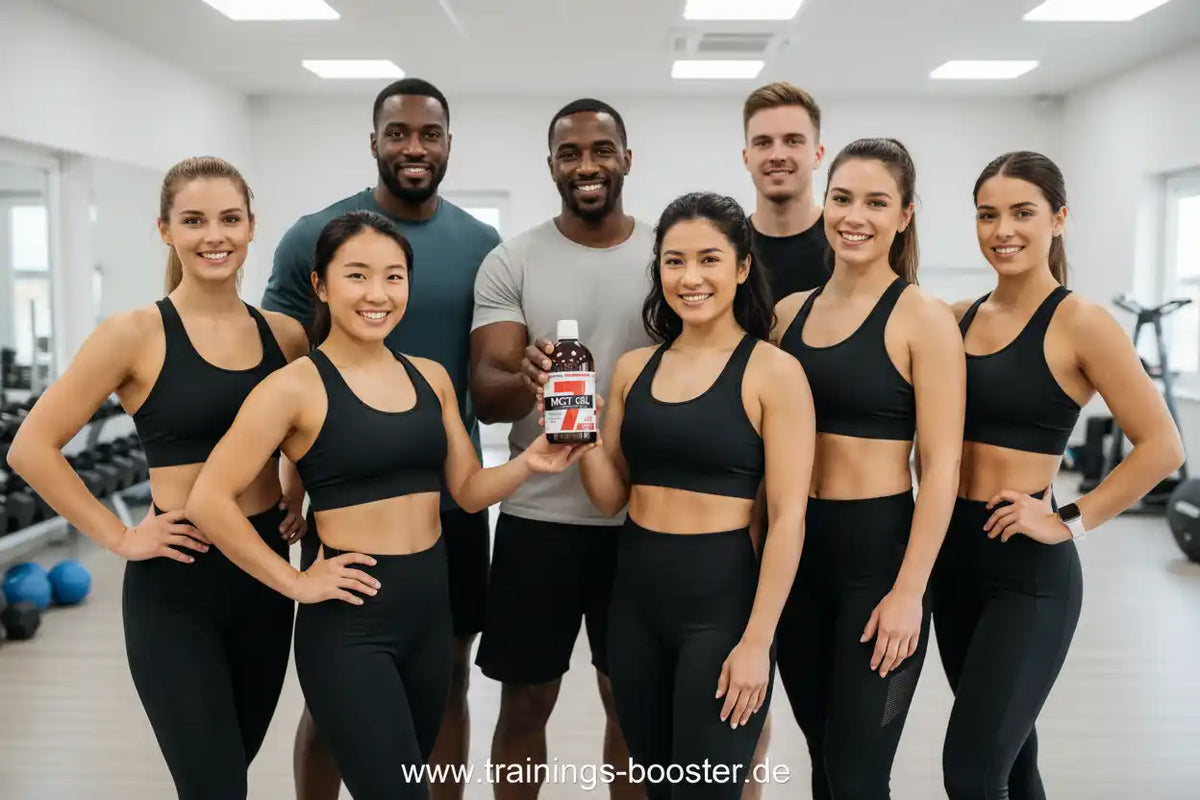 Gruppe sportlicher Menschen in einem Fitnessstudio hält eine Flasche Nahrungsergänzungsmittel
