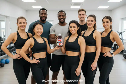 Gruppe sportlicher Menschen in einem Fitnessstudio hält eine Flasche Nahrungsergänzungsmittel